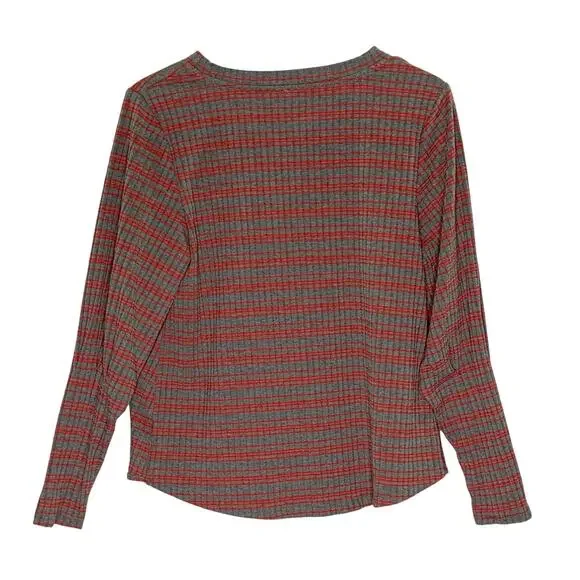 Umgee Striped Gathered Blouse Top S Twist Front Gray Red Thermal Long Sleeve - Picture 2 of 7